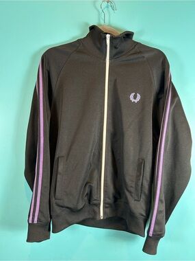 Fred Perry Vintage Mens Black Track Jacket with Purple Stripes Med